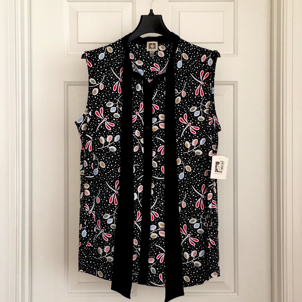 🎉HP🎉 New Ann Klein Women’s Top Neck-ties Sleeveless Blouse Black Size M NWT